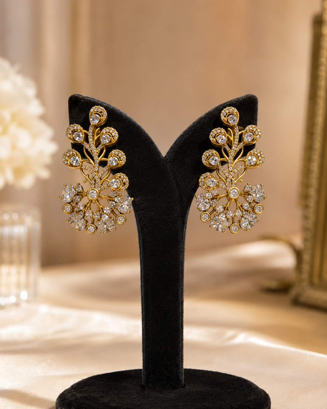 Gold Floral Crystal Statement Earrings(E-22) - Image 4