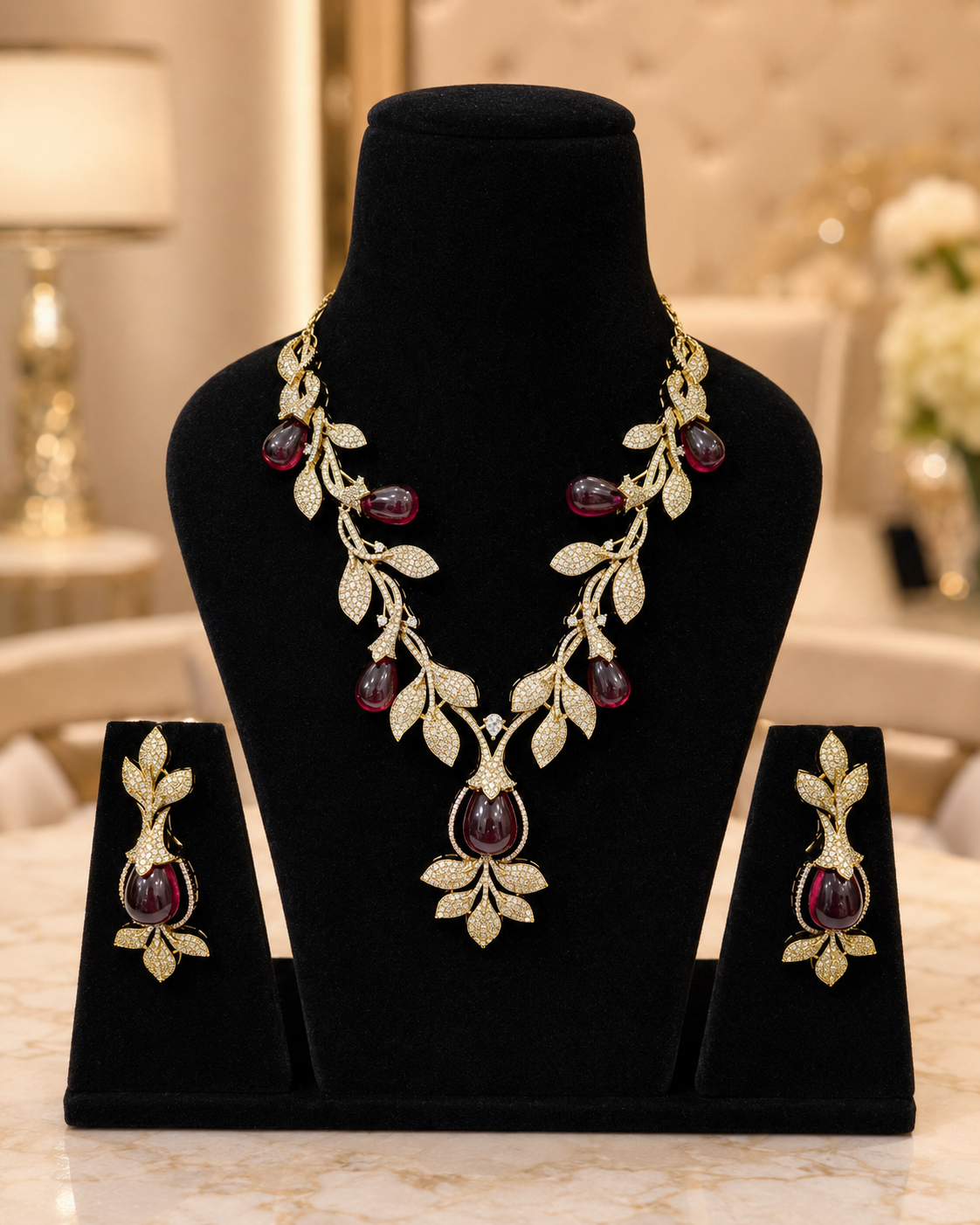 Leaf Motif Statement Necklace Set with Matching Earrings (J-67) - Image 3