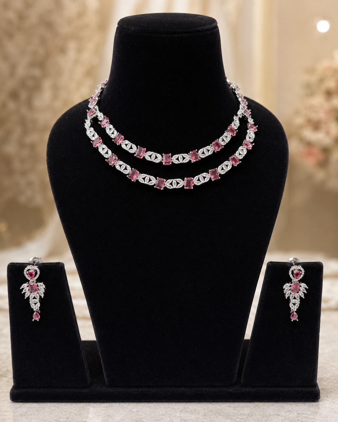 Pink CZ Double-Layer Necklace Set - Image 3