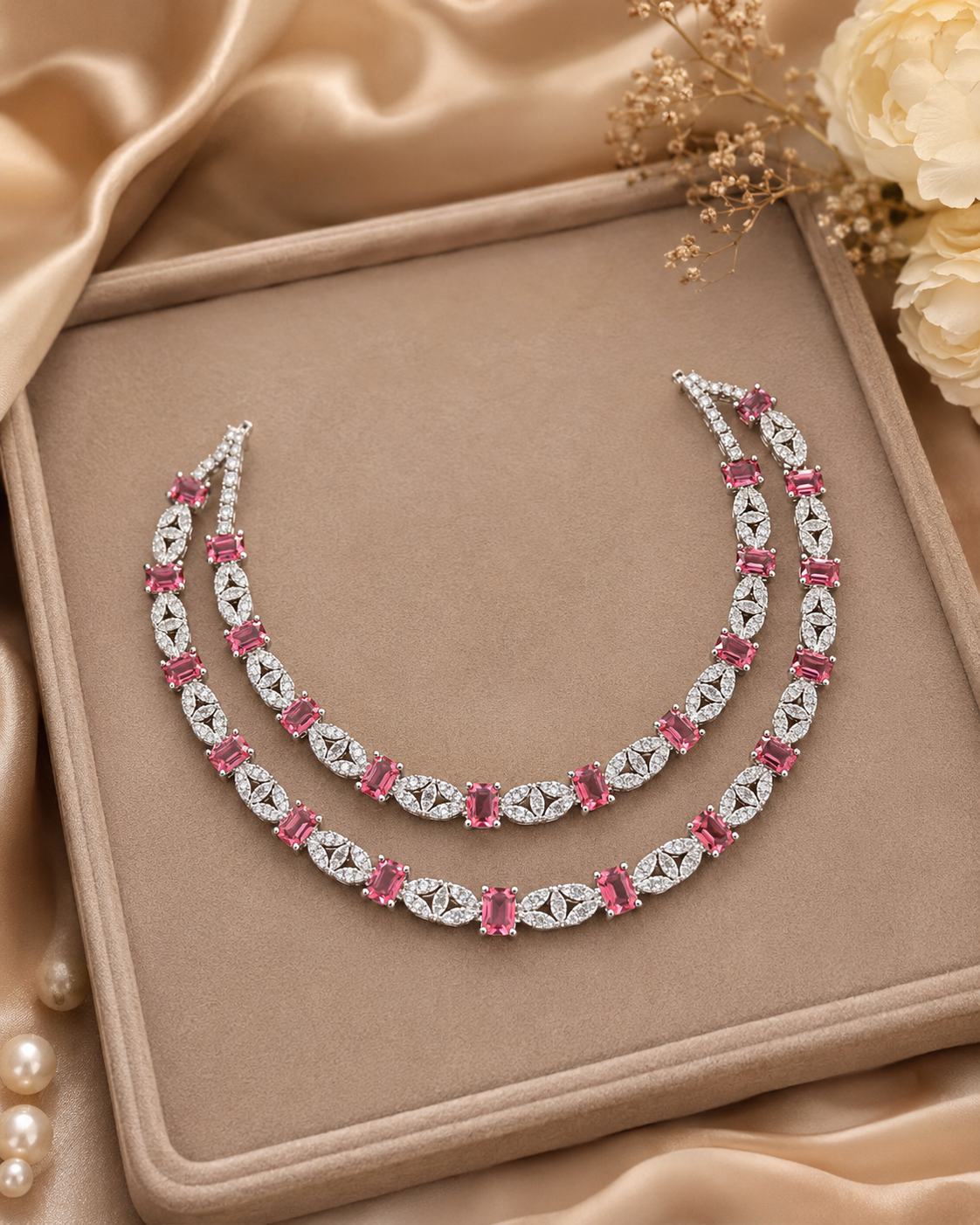 Pink CZ Double-Layer Necklace Set - Image 4