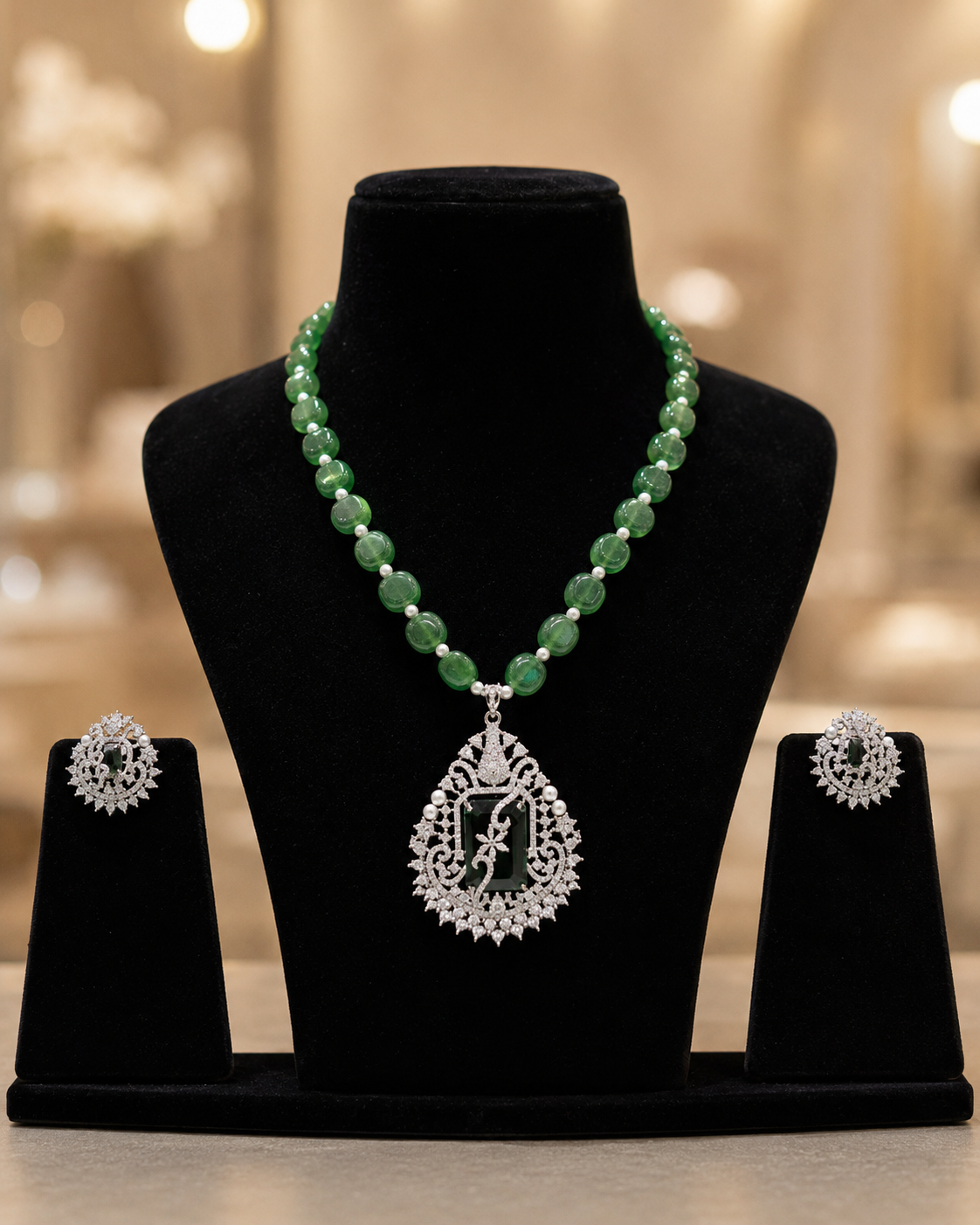 Green Beaded Statement Pendant Necklace Set(J-44) - Image 3