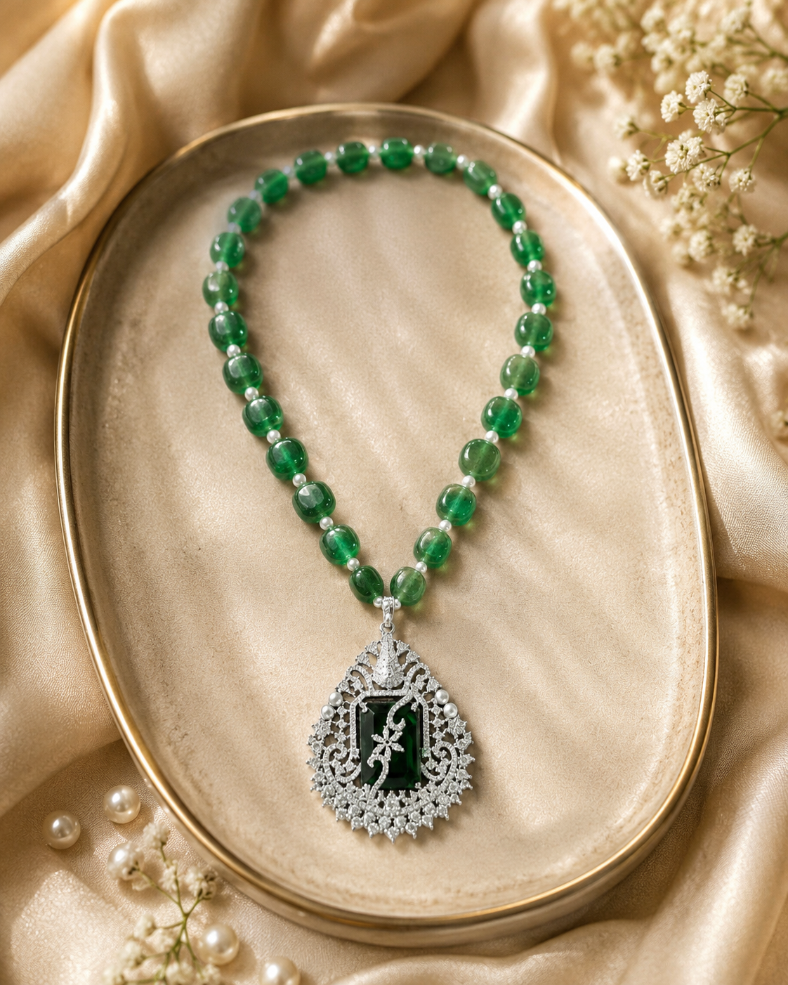 Green Beaded Statement Pendant Necklace Set(J-44) - Image 4