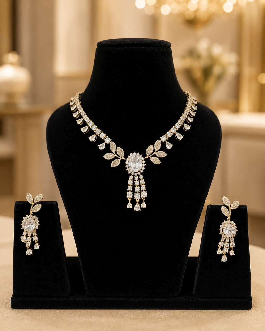 Gold-Tone Crystal Leaf Motif Necklace Set(J-53) - Image 3