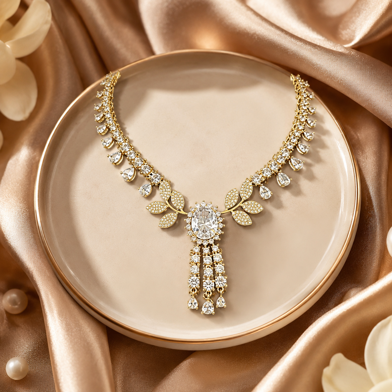 Gold-Tone Crystal Leaf Motif Necklace Set(J-53) - Image 4