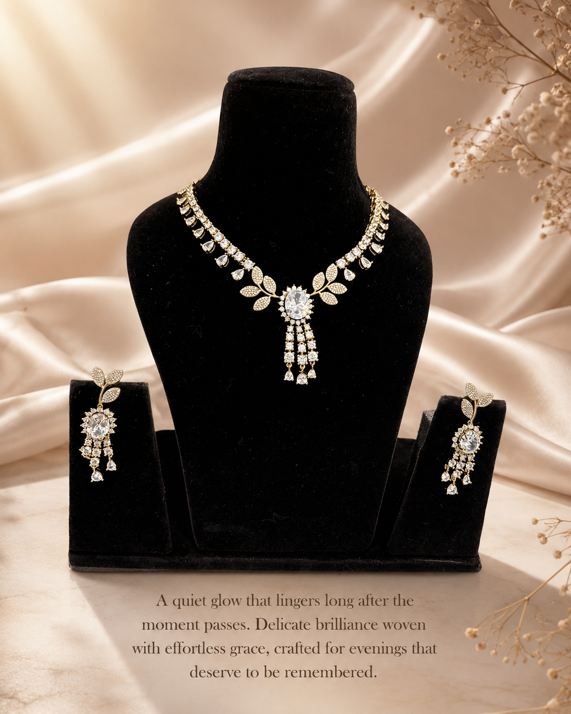 Gold-Tone Crystal Leaf Motif Necklace Set(J-53) - Image 6