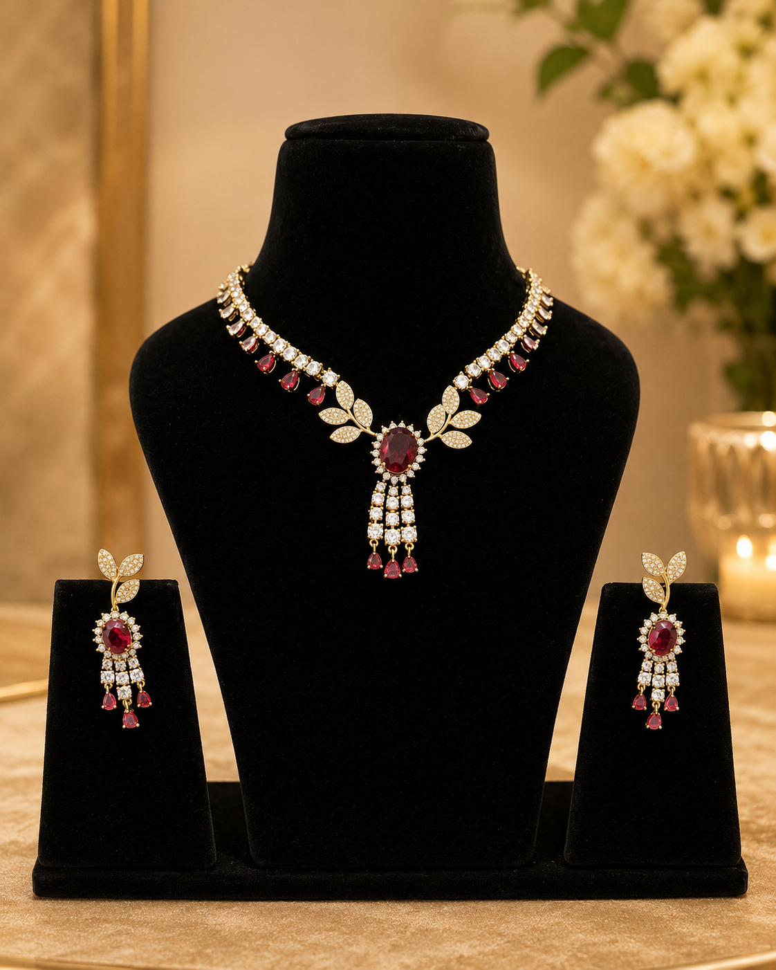 Ruby Red Leaf Motif Necklace Set(J-54) - Image 3