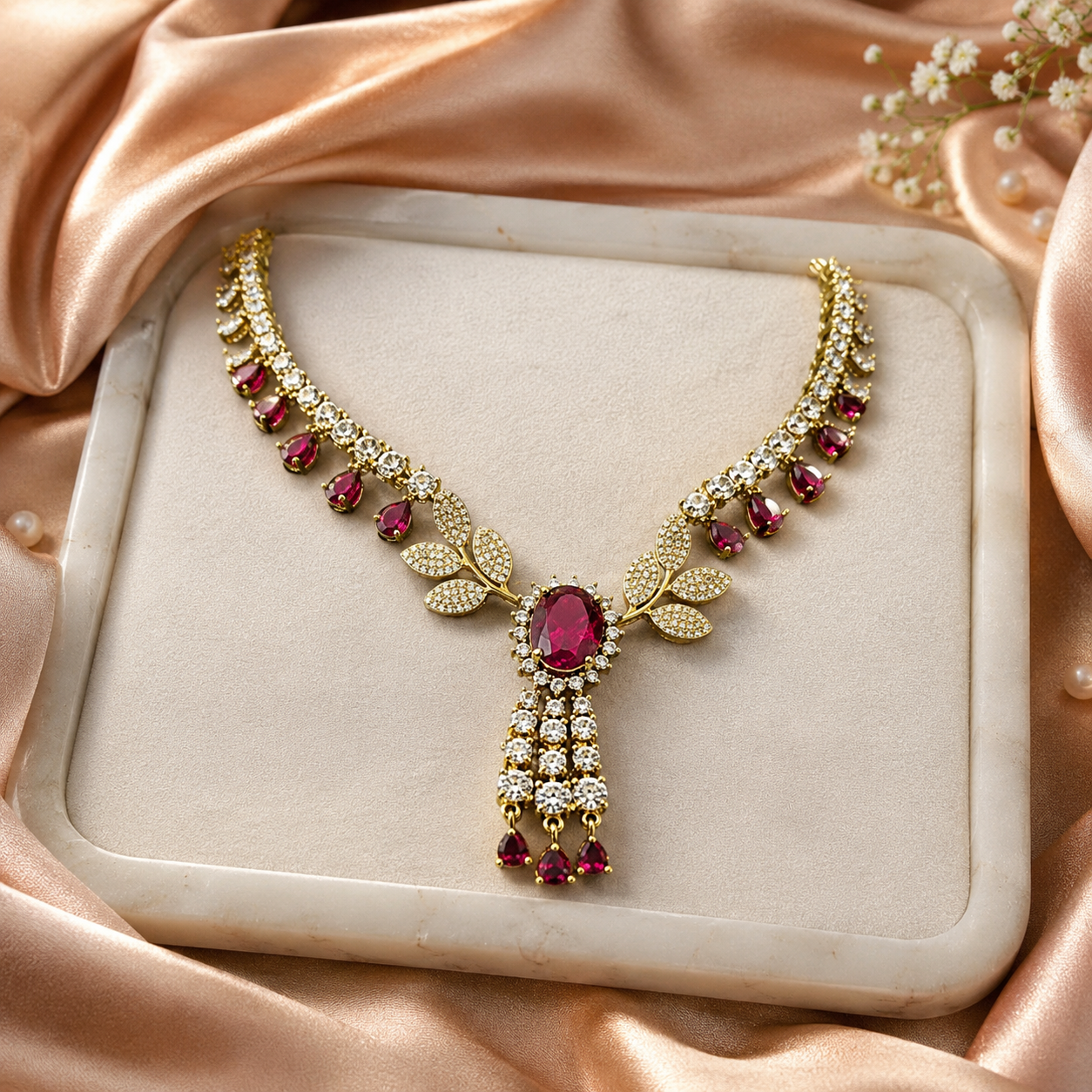 Ruby Red Leaf Motif Necklace Set(J-54) - Image 4