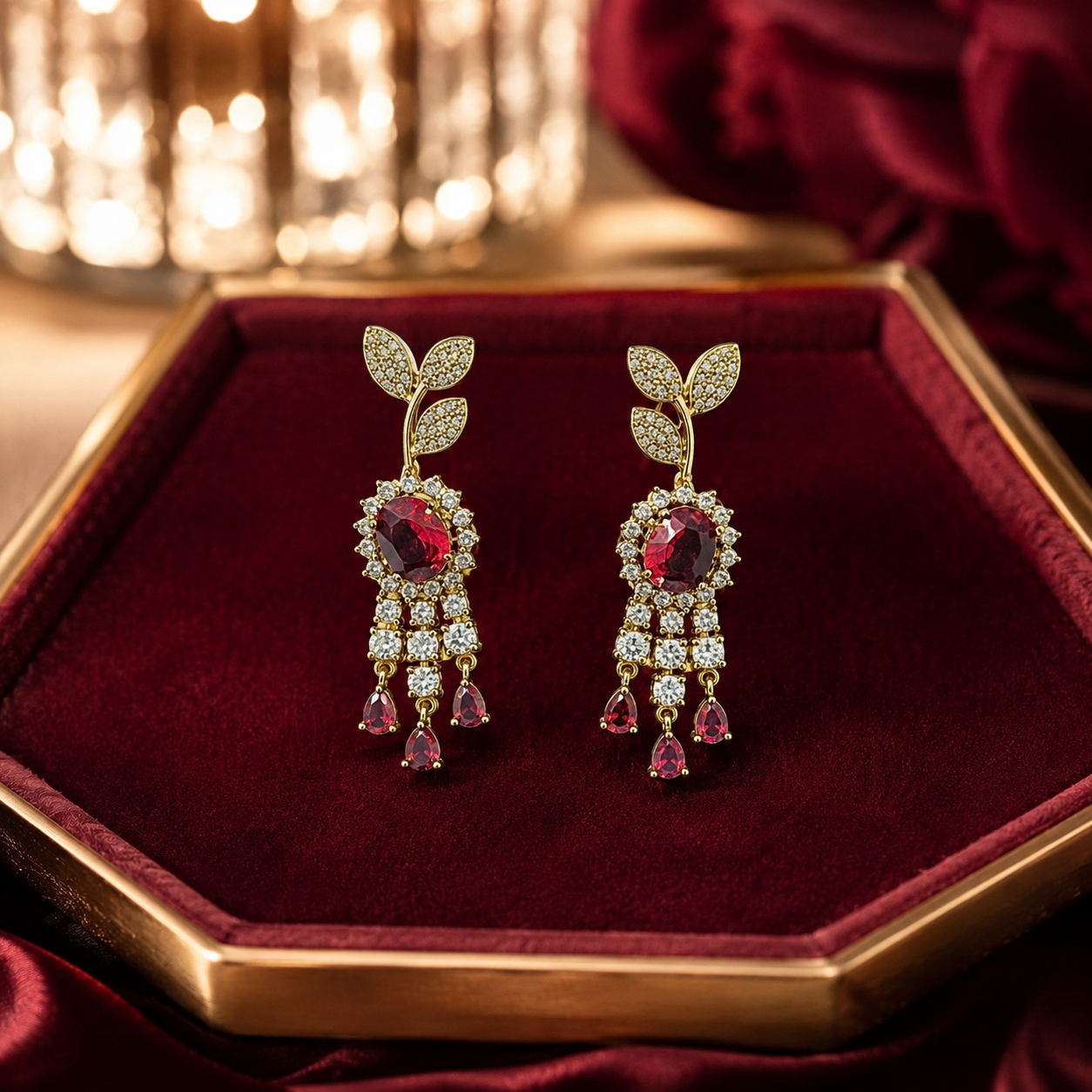 Ruby Red Leaf Motif Necklace Set(J-54) - Image 5